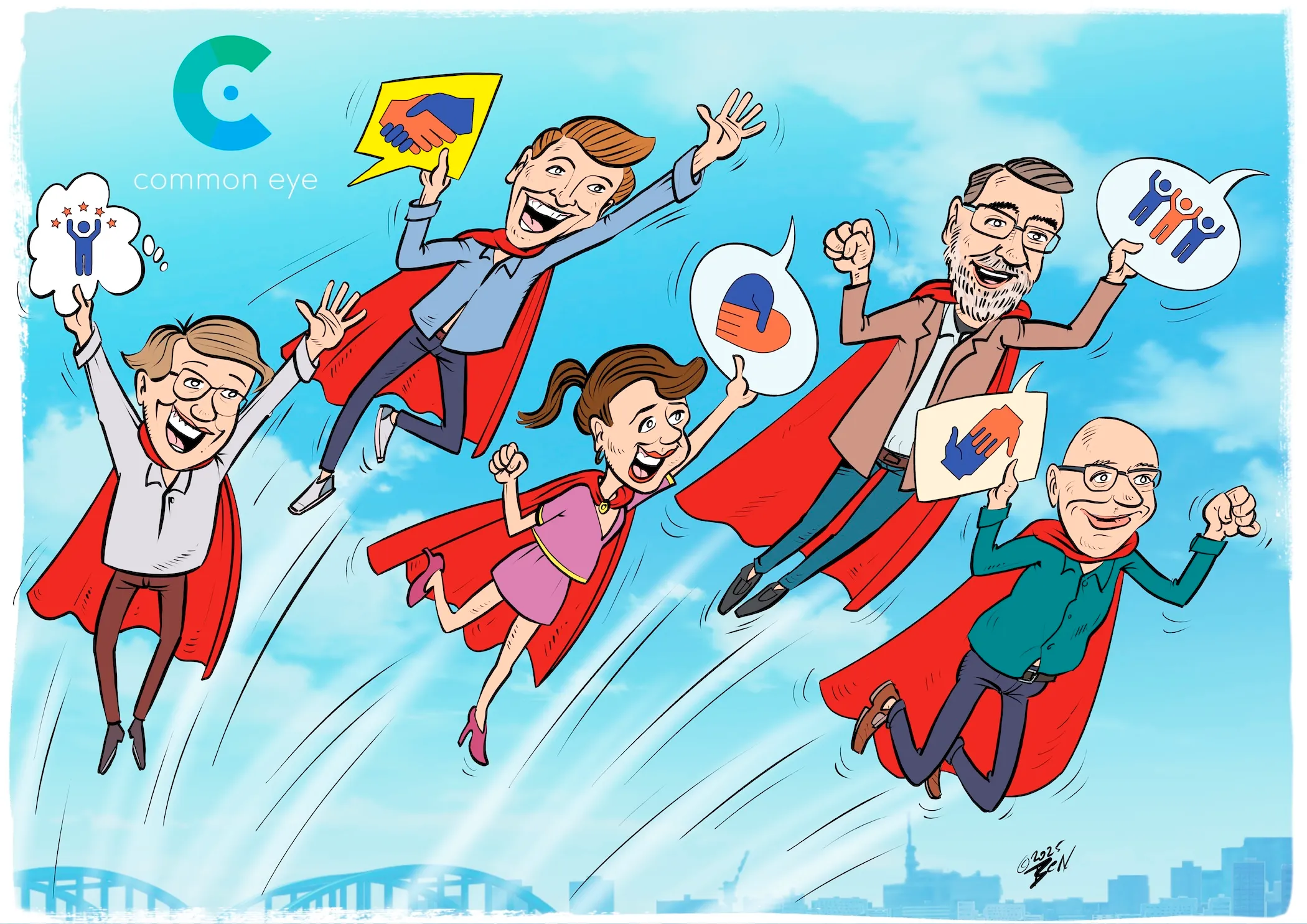 Cartoon op maat met vliegende superhelden voor Common Eye