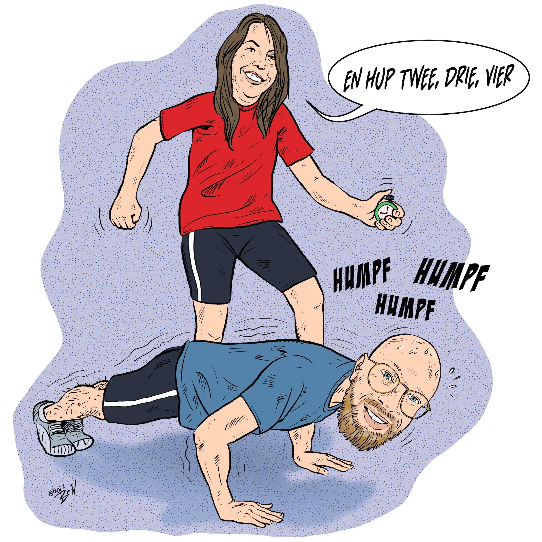 Cartoon van een fanatieke coach en een uitgeputte sporter door Ben Art Work