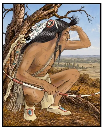 Hurkende Blackfeet-krijger uit de graphic novel Het Pad van de Blackfeet door Ben Art Work