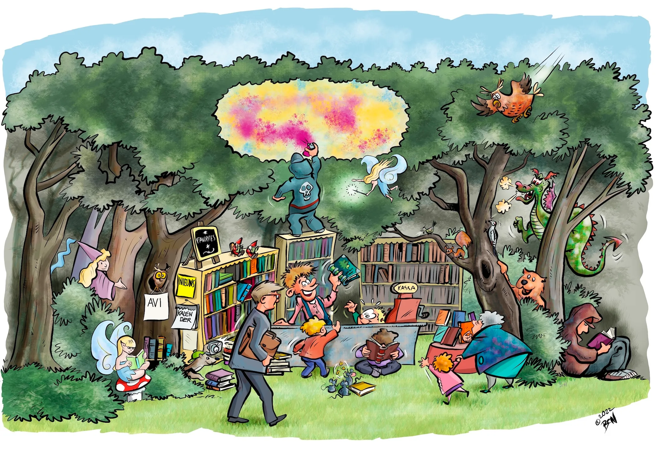 Verhalende illustratie: kinderen in een fantasiebos vol boeken en karakters