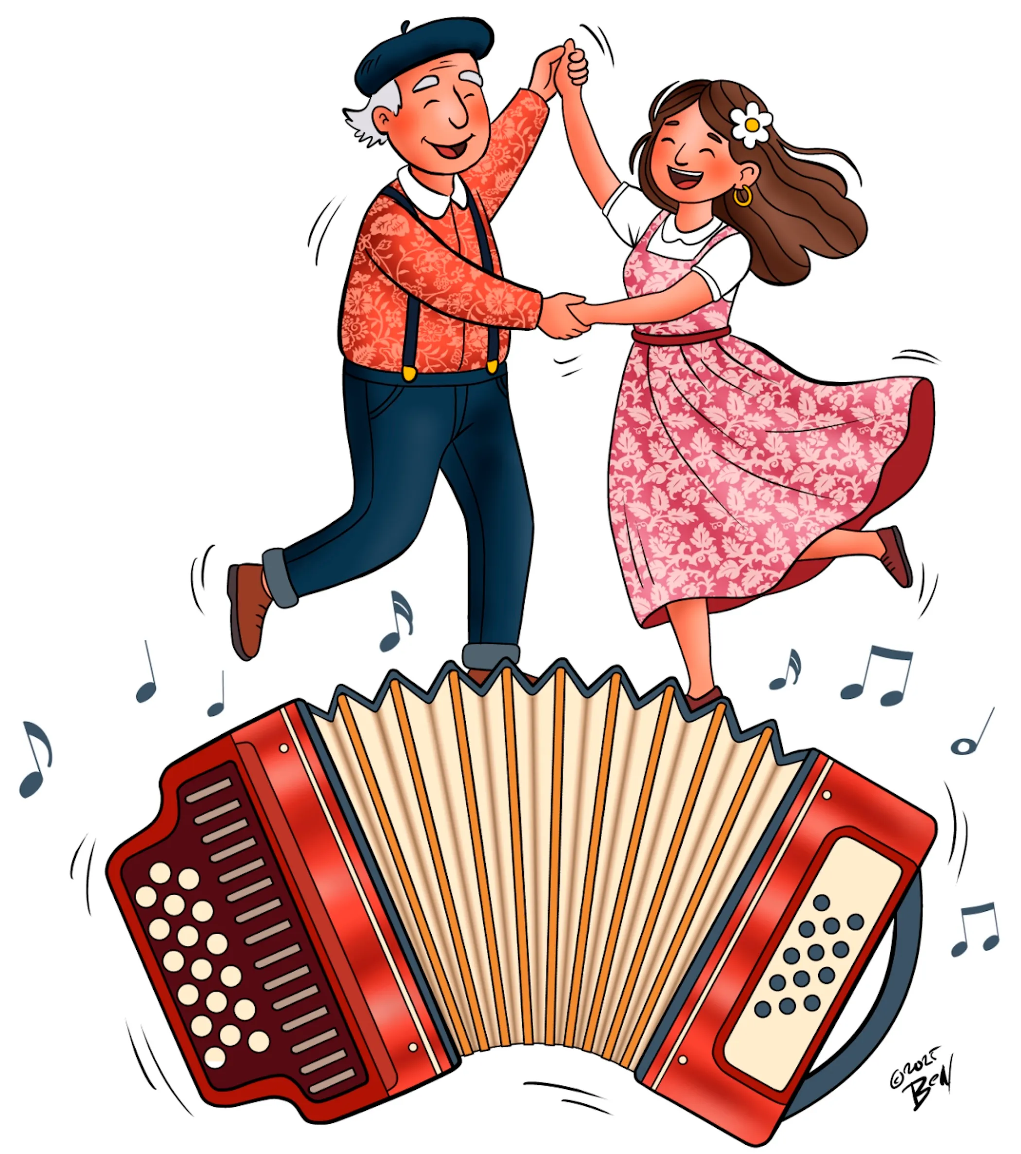 Kleurillustratie van een dansend stel op een accordeon