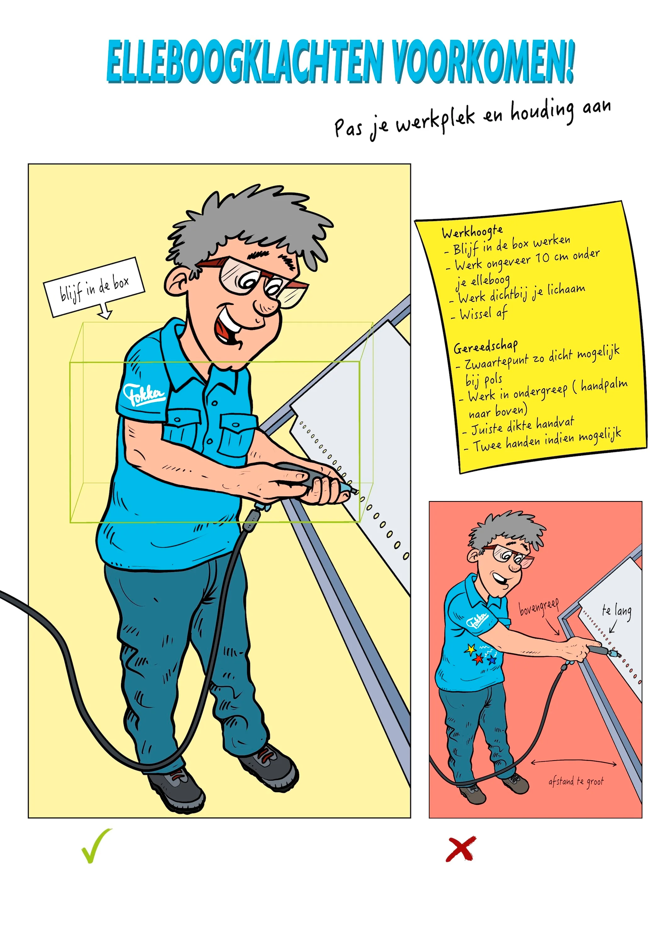 Voorlichtingsillustratie over werkhouding en ergonomie op de werkvloer