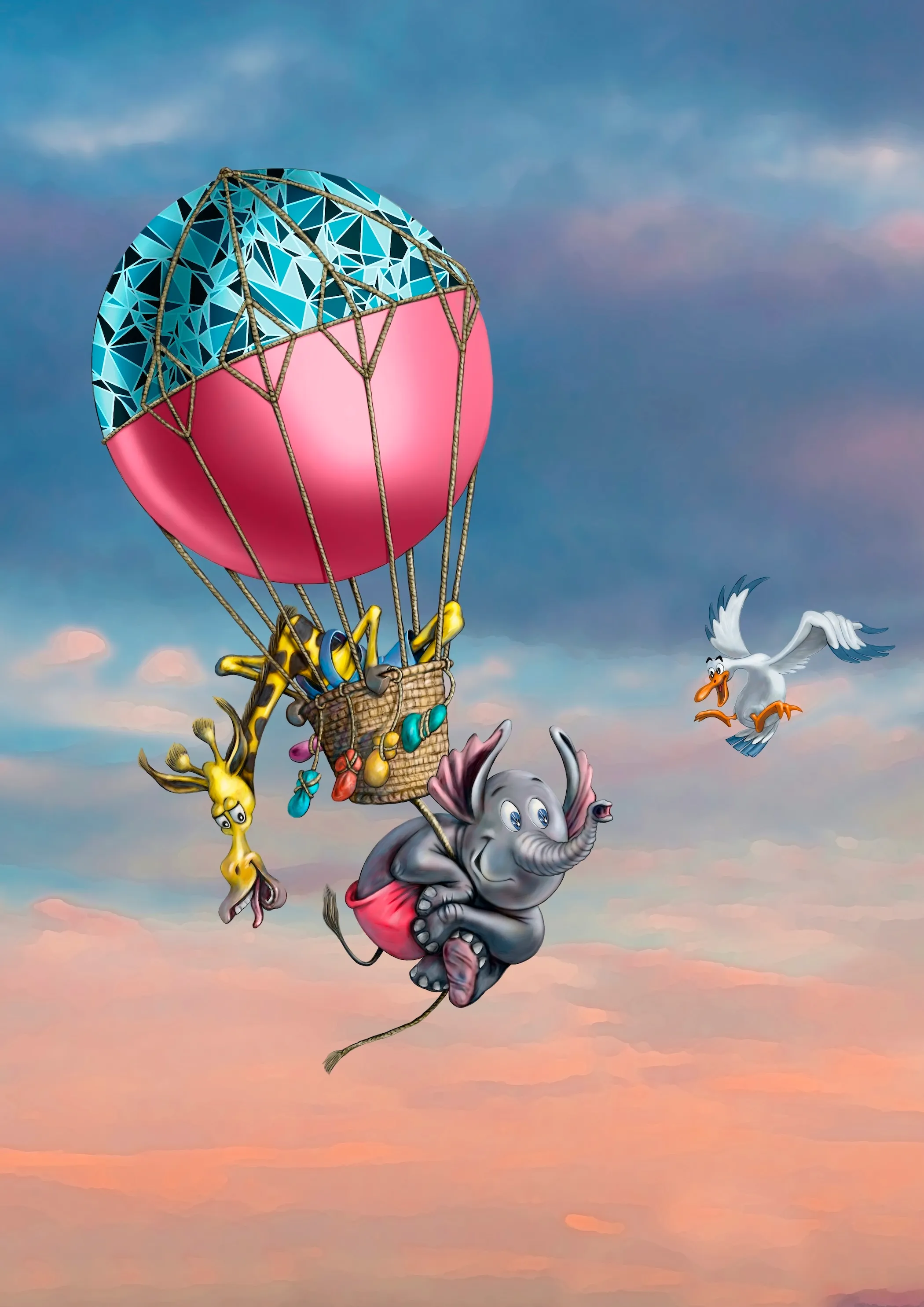 Sprookjesachtige illustratie van een olifant en giraf in een luchtballon