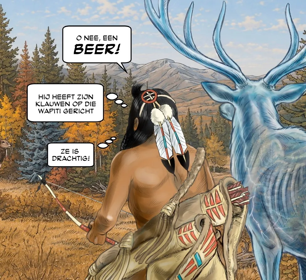 Blackfeet-krijger tegenover een blauwe wapiti-geest uit de graphic novel Het Pad van de Blackfeet door Ben Art Work